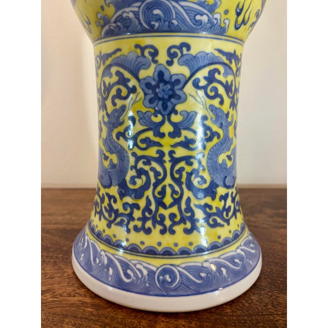 Vintage Chinese Yellow and Blue Dragon Porcelain Floor Vase, Hand Painted For Sale - Image 4 of 8