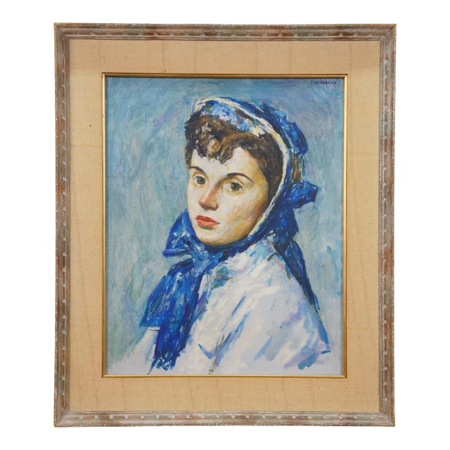 Late 20th Century Thomas J Strickland Woman in Blue Bonnet Original Portrait Oil Painting 26", Framed For Sale