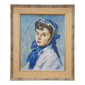 Late 20th Century Thomas J Strickland Woman in Blue Bonnet Original Portrait Oil Painting 26", Framed