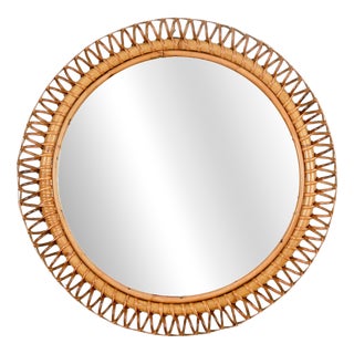 Vintage Round Spring Mirror in Bamboo with Rattan and Wicker by Franco Albini, Italy, 1960s For Sale