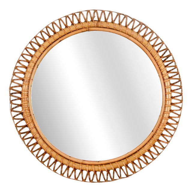 Vintage Round Spring Mirror in Bamboo with Rattan and Wicker by Franco Albini, Italy, 1960s For Sale