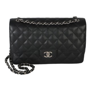 Black Quilted Caviar Jumbo Double Flap Bag For Sale