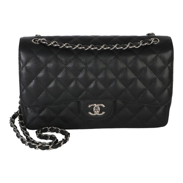Black Quilted Caviar Jumbo Double Flap Bag For Sale