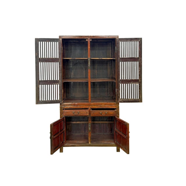 Vintage Brown Oriental Open Bars Doors Display Curio Cabinet Bookcase For Sale - Image 4 of 16