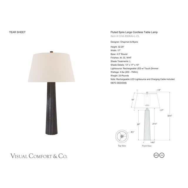Chapman & Myers by Visual Comfort Signature Fluted Spire Large Cordless Table Lamp in Aged Iron with Linen Shade Designer:...
