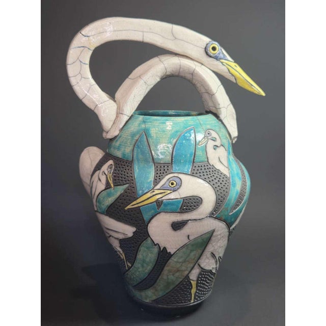 Antique White Vintage Designer Raku Pottery Vase With Birds For Sale - Image 8 of 11