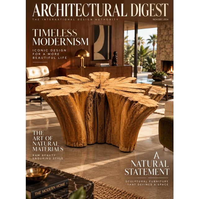 A sculptural table base crafted from an organic cypress tree trunk, featuring wide splayed roots and a flat top surface...