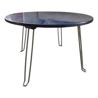 Vintage Mid-Century Modern Blue Laminate Round Side Table With Folding Hairpin Legs For Sale