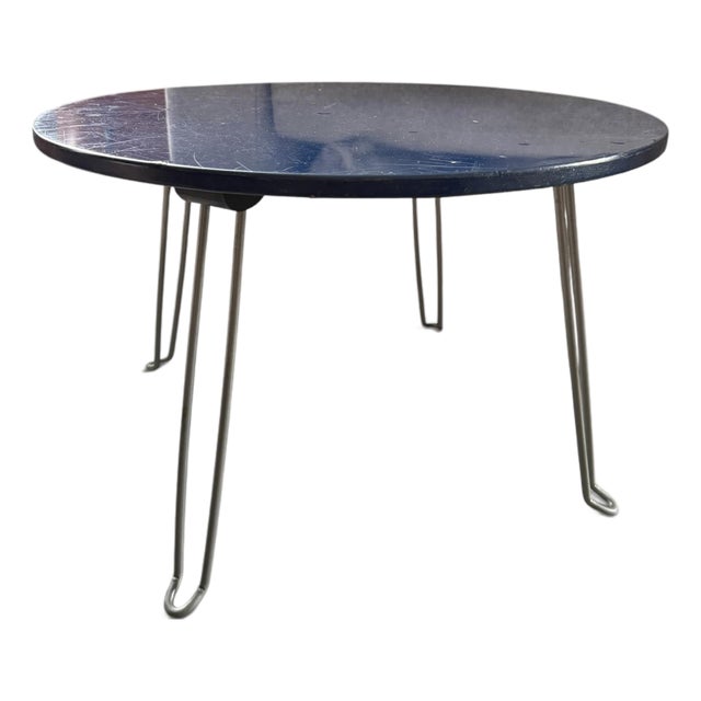 Vintage Mid-Century Modern Blue Laminate Round Side Table With Folding Hairpin Legs For Sale