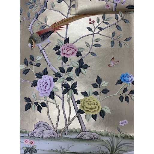 26" X 68" /Panel, Handpainted Chinoiserie on Champagne Metallic Leaf ( No Frame) For Sale - Image 4 of 10