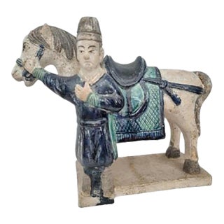 Antique 16th Century Chinese Ming Dynasty Glazed Pottery Horse and Groom - Rare Cobalt Blue and Turquoise Mingqi For Sale