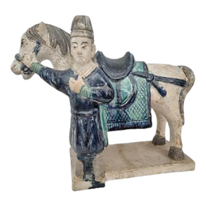 Antique 16th Century Chinese Ming Dynasty Glazed Pottery Horse and Groom - Rare Cobalt Blue and Turquoise Mingqi