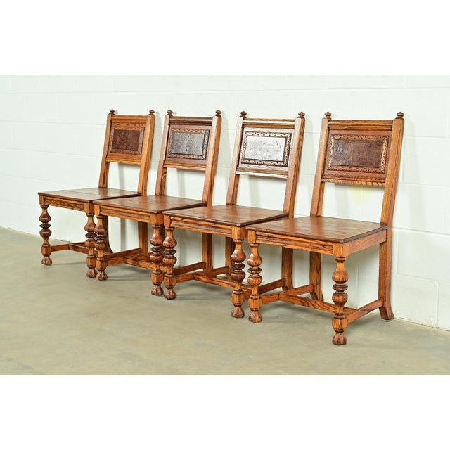 English Early Romweber Antique English Jacobean Carved Oak and Burl Wood Dining Chairs, Set of Four For Sale - Image 3 of 13