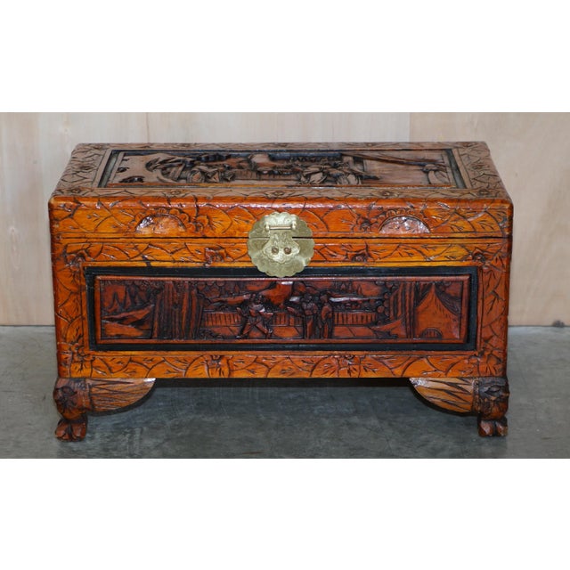 Antique Chinese Hand Carved Camphor Wood Travelling Trunk, 1900s For Sale - Image 3 of 17
