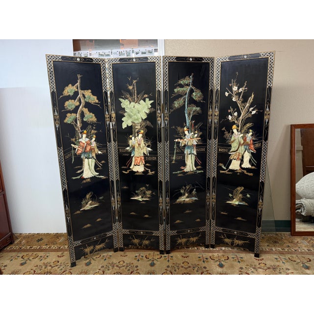 Asian Black Lacquer Four-Panel Folding Screen, Vintage For Sale - Image 11 of 16