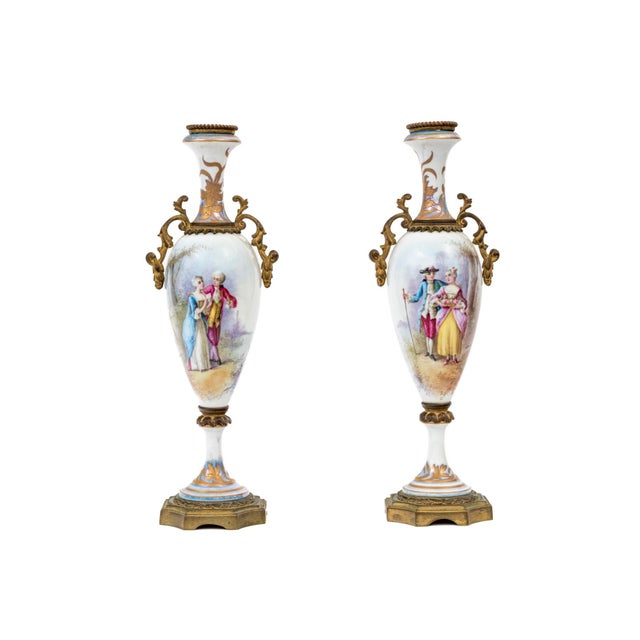 Bronze Pair of French Sèvres-Style Porcelain Vases With Gilt Bronze Mounts — Hand-Painted Gallant Scenes, Marked France, Late 19th C. For Sale - Image 8 of 11