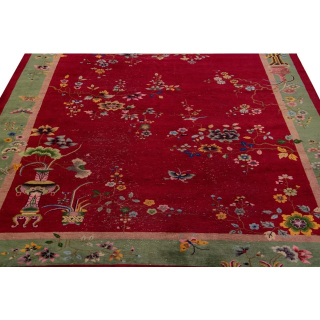 Art Deco Antique Art Deco Handmade Chinese Floral Pattern Red Wool Rug For Sale - Image 3 of 10