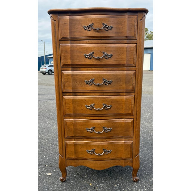 Vintage solid walnut lingerie chest/ highboy by Davis Cabinet Company great size.