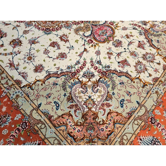 Persian Vintage Persian Tabriz Rug, Hand-Knotted Wool & Silk, Floral Pattern, Ivory & Pink, 8x12 For Sale - Image 3 of 18