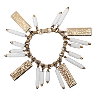 Vintage 1950s Signed Napier Goldtone Asian Character & White Beaded Charm Bracelet For Sale