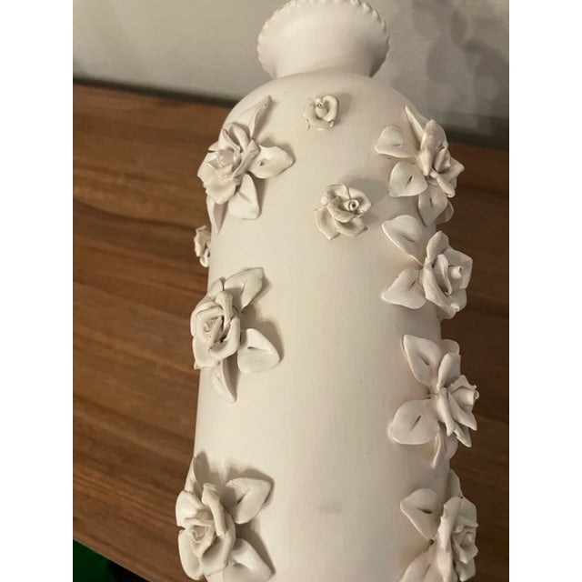 Cream Vintage Raised Roses Ceramic Lamp With Brass For Sale - Image 8 of 9