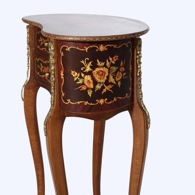 Wood French Rosewood, Ormolu, Marquetry & Inlaid 2 Drawer Kidney Shaped Stand C1920 For Sale - Image 7 of 15