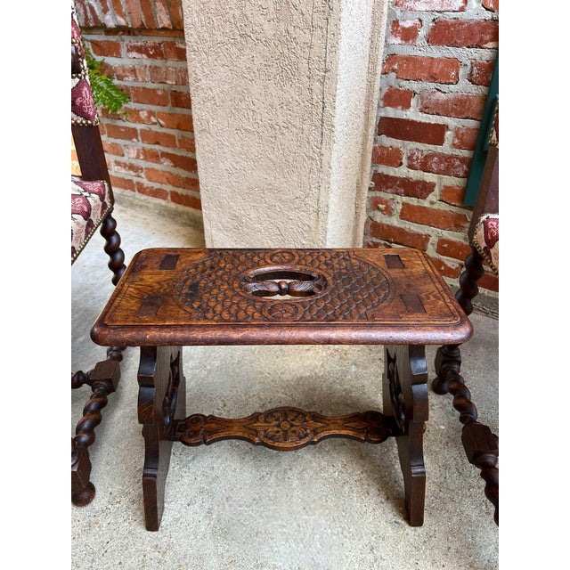Antique French Bench Stool Gothic Renaissance Carved Oak Trestle Fleur De Lis For Sale - Image 9 of 12