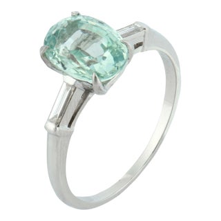Vintage Gia 3.44 Oval Cut Teal Sapphire Diamond Platinum Ring, Size 8.25 For Sale