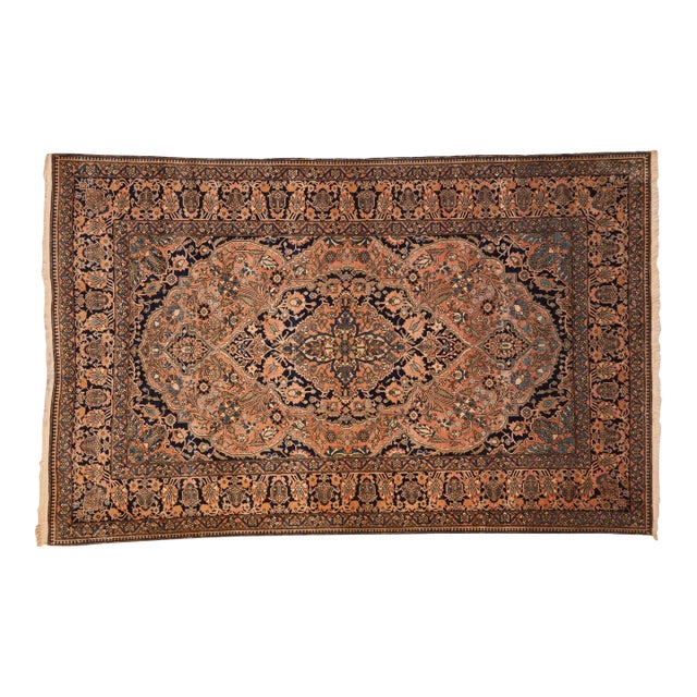 1920s Antique Persian Mohtashem Kashan Floral Medallion Navy Wool Rug For Sale