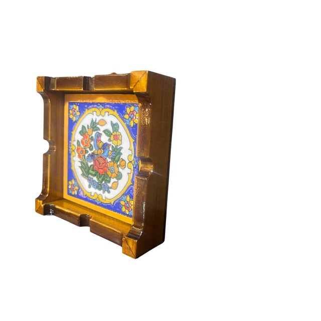 1990s Hand Painted Ceramic Ashtray in Wood Frame For Sale - Image 11 of 11