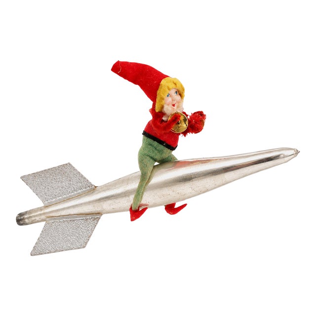 Christmas Vintage 1950s Shiny Brite Mercury Glass Rocket With Christmas Elf For Sale
