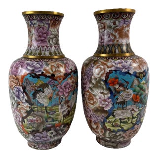Pair of Large Chinese Cloisonne Enamel Vases Deer Animals Flowers Pink For Sale