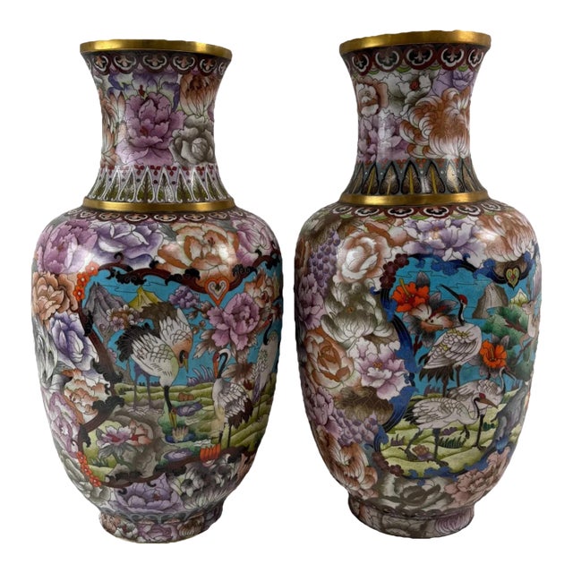 Pair of Large Chinese Cloisonne Enamel Vases Deer Animals Flowers Pink For Sale