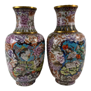 Pair of Large Chinese Cloisonne Enamel Vases Deer Animals Flowers Pink