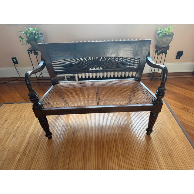 Hand-Carved Sunburst Rattan Bench – Colonial Elegance & Bohemian Charm For Sale In New York - Image 6 of 7