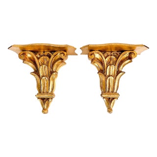 Late 20th Century Italian Giltwood Acanthus Leaf Wall Brackets - a Pair For Sale