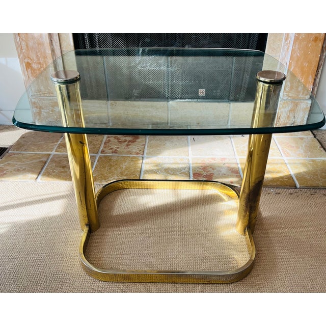 Leon Rosen Mid Century Glam Hollywood Regency Pace Collection Side/ Coffee Table Brass and Glass For Sale - Image 4 of 13