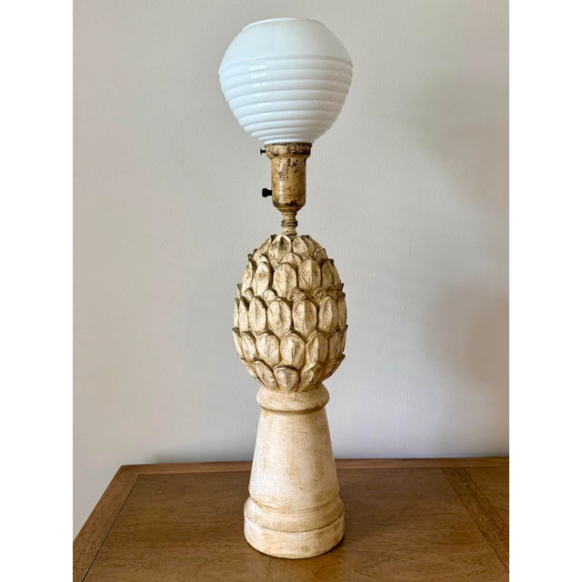 Vintage Hollywood Regency Carved Artichoke Table Lamps, Pair With Ribbed Milk Glass Globes For Sale - Image 4 of 9