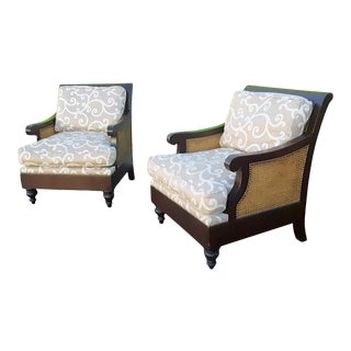 Custom Mahogany Upholstered Cane Club Chairs- Pair For Sale