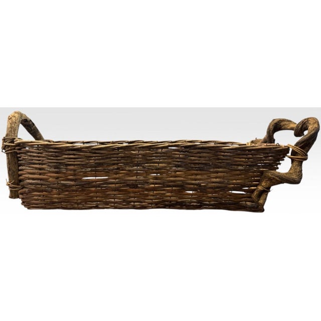 Mid 20th Century Rustic Handcrafted Woven Willow Long Trough Basket With Sculptural Root Handles For Sale - Image 4 of 6