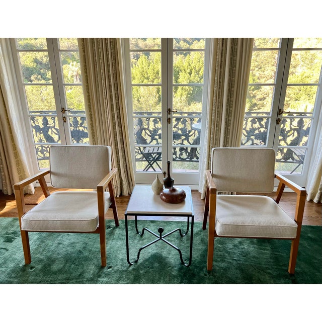 Pair of Franco Albini Chairs, Italian, Model 49, Circa 1952, Knoll. Stained birch. Recently reupholstered in cream...