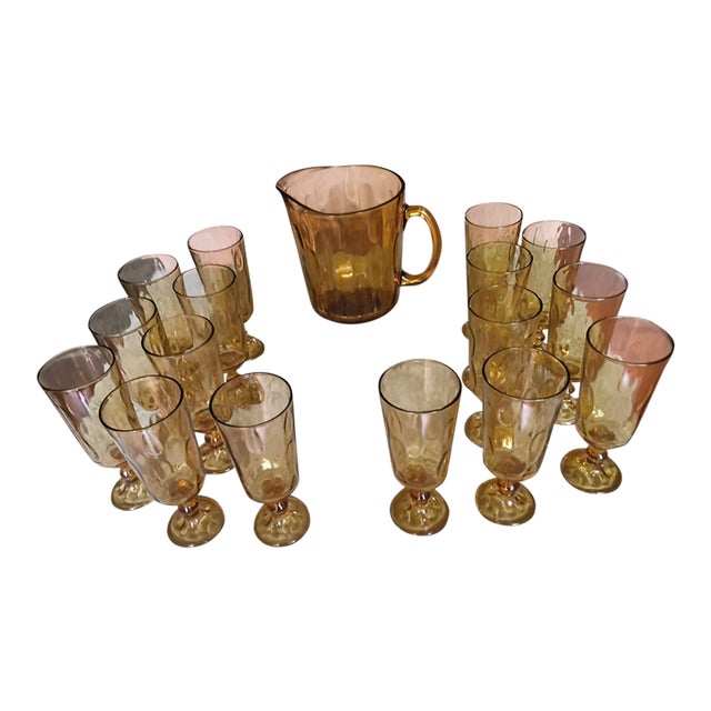 Vintage Mid-Century Amber Glass Water Pitcher & Tall Stemmed Goblets Rare 17-Piece Set For Sale