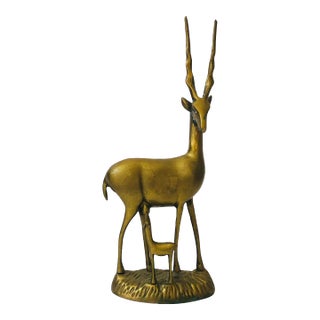 Large Vintage Brass Gazelle Sculpture With Baby, Mid-Century Modern, 1960s For Sale