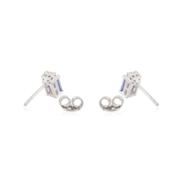 Blue Vintage Emerald Cut Tanzanite & Diamond Stud Earrings in Sterling Silver- A Pair For Sale - Image 8 of 13