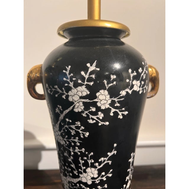 Black 1970s Chinoiserie Black and White Cherry Blossom Tall Lamps With Gold Elephant Head Rings - A Pair For Sale - Image 8 of 11