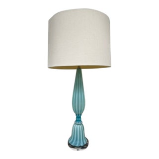 Beautiful Vintage Turquoise Murano Opaline Glass Lamp With Ribbed and Flared Shape For Sale