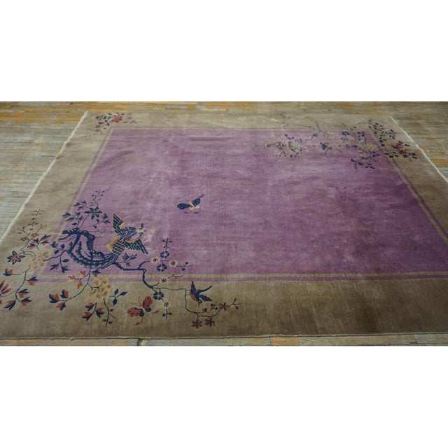 Art Deco 1920s Antique Purple Open Field Bird Chinese Art Deco Room Size Wool Knotted Rug For Sale - Image 3 of 10