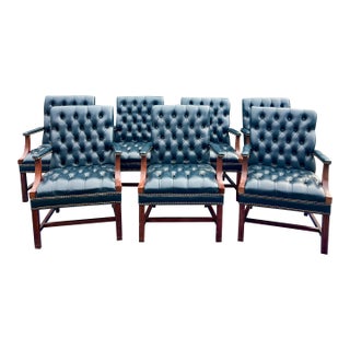 Chesterfield Tufted Blue Leather Arm Chairs Set of 7 English Style With Brass Nailhead Accent's For Sale