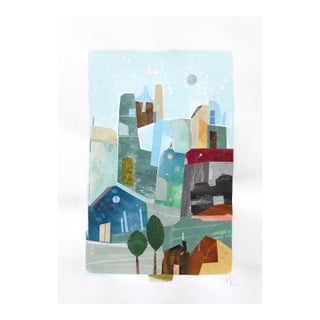 Twin Trees at Sunrise - Original Colorful Cityscape Watercolor Landscape Collage Mixed Media Work on Paper by Maria C Bernhardsson For Sale