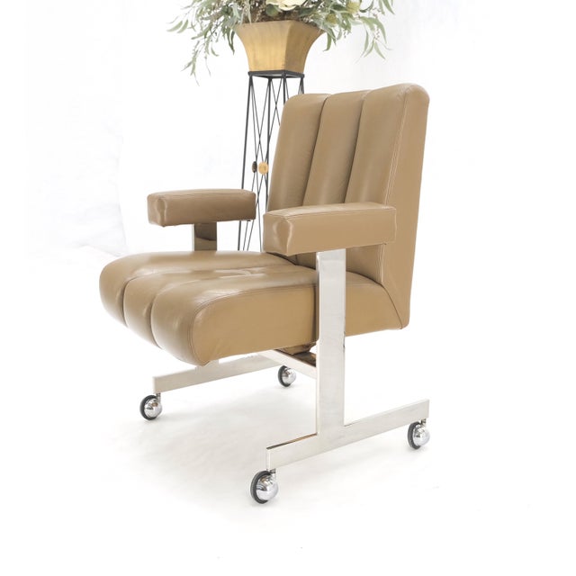 Vladimir Kagan Leather Ribbed Style Upholstery Heavy Stainless Base Desk Chair For Sale - Image 12 of 12